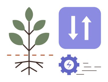 Kökleri ve okları olan yeşil bitki dengeyi, enerjiyi ve hareketi simgeliyor. Yıldırımlı vites verimliliği ve sürdürülebilirliği temsil ediyor. Ekoloji, yenilenebilir enerji ve yenilik temaları için ideal
