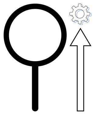 Büyüteç, yukarı doğru ok, vites ögesi ilerlemeyi, araştırmayı, analizi, büyümeyi, yeniliği vurguluyor. Başarı için ideal, strateji iyileştirme dönüşüm iş sorunları çözmek için basit