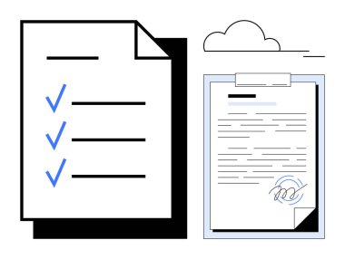 Üzerinde bir bulut simgesi olan imzalı bir kontratın yanında mavi işaretli kontrol listesi. Organizasyon, planlama, belgeleme, doğrulama, bulut depolama, anlaşmalar için ideal