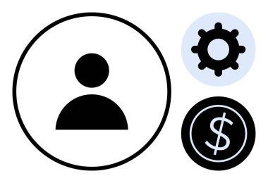 Ayarlar için bir dişli ve mali yönetim için bir dolar işareti yanında bir çember içinde kullanıcı simgesi. Kullanıcı hesabı, ayarlar, finans, giriş, yönetim, iş arayüzleri için ideal, basit düz metafor