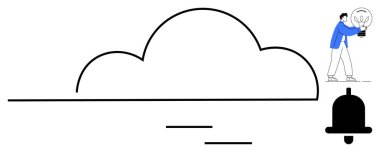 Ampul simgesi tutan veri taşıyıcısını temsil eden çizgileri olan bir bulut. Teknoloji, yenilik, uyarı, yaratıcılık, bulut depolama, veri yönetimi, dijital çözümler için idealdir. En az düz metafor