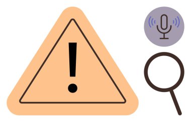 Ünlem işareti, büyüteç ve mikrofonlu uyarı üçgeni. Uyarı, arama, uyarı, keşif, hata tespit, dijital araçlar için idealdir. Basit düz metafor