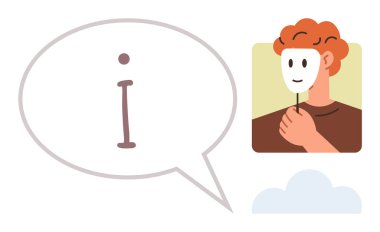 Yüzünün yanında bir maske tutan kişi, içinde ben olan büyük bir konuşma balonu. Şeffaflık, kimlik, kendini ifade etme, dürüstlük, aldatma, iletişim netliği için idealdir. Basit düz metafor