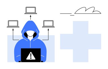 Dizüstü bilgisayarında uyarı işareti olan mavi kapüşonlu bir bilgisayar korsanı, birden fazla dizüstüne bağlı. Siber güvenlik, hackleme, çevrimiçi mahremiyet, veri ihlali, internet güvenliği, dijital suç, basit daire