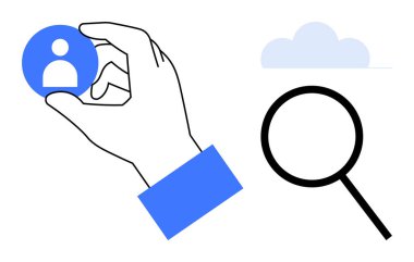 Bir kullanıcı simgesini tutan, arama yapan büyüteç ve dijital analiz için bulut. İşe alım, kullanıcı odağı, araştırma, analitik, dijital pazarlama, teknoloji sade