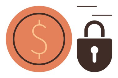 Dolar madeni para ve asma kilit finansal güvenlik, mahremiyet ve istikrarın simgesi. Basit bir metaforda bankacılık, fintech, yatırım, tasarruf, iş, siber güvenlik ve koruma için ideal