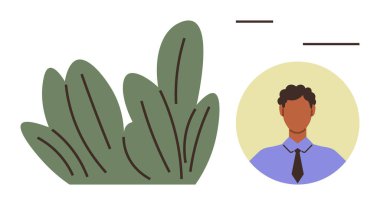 İş adamı avatarı yeşil yaprakların yanında bir ışık çemberine karşı çerçevelenmiş. Çevre, profesyonel kimlik, doğa bağlantısı, sürdürülebilirlik, ağ oluşturma, markalaşma ve basitlik için ideal