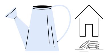 Sulama kutusu para yığınına yakın ve ev ana hatları mali büyümeyi, yatırımları, tasarrufları, gayrimenkul gelişimini, zenginliği, sürdürülebilirliği ve planlamayı sembolize ediyor. Yatırım temaları için ideal, basit