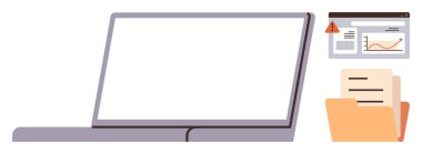 Boş ekranlı dizüstü bilgisayar, hata uyarısı, grafik arayüzü ve dosya klasörü. Üretkenlik, organizasyon, analiz, sorun giderme, dijital iletişim teknolojisi sorunları için ideal basit düz metafor