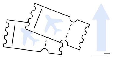 Uçuşu simgeleyen uçak şekilli iki uçak bileti, yukarı doğru bir okla eşleştirilmiş. Seyahat, turizm, planlama, macera, bilet rezervasyonu, fırsat gelişimi için ideal. Basit düz metafor