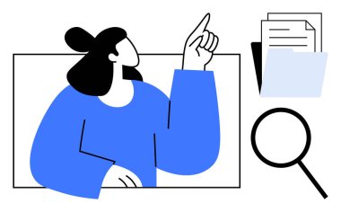 Kadın, elinde büyüteçle yukarı doğru hareket ediyor ve kağıtları istifliyor. Araştırma, analiz, keşif, bilgi, eğitim, organizasyon, belge temaları için idealdir. Basit düz metafor