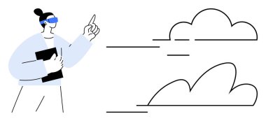 Dijital tabletli gözlük takan kadın soyut bulutlara ve çizgilere bakıyor. Yenilik, teknoloji, gelecek vizyon, bulut hesaplama, veri analizi, eğitim için ideal, basit düz metafor