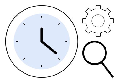 Siyah elli saat, vites simgesi ve büyüteç organizasyon, analiz ve verimliliği akla getiriyor. Zaman yönetimi, verimlilik, iş stratejisi ve optimizasyon için ideal