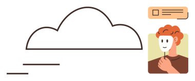 Bulut şekli ve dijital içerik kutusunun yanında bir maske tutan kişi çevrimiçi kimlik, veri güvenliği, mahremiyet öneriyor. Teknoloji için ideal, anonimlik, siber güvenlik, özgünlük, kendini ifade etme, bulut