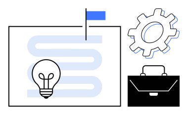 Ampul, hedef bayraklı patika, teçhizat ve ilerleme, fikirler, planlama, araçları gösteren evrak çantası. İş stratejisi ve yenilikçi takım çalışması için ideal kariyer büyümesi sürecini belirler