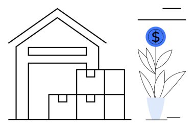 Bir dolar işareti olan büyüyen bir bitkinin yanında paketlenmiş kutularla dolu bir depo yapısı. Lojistik, yatırım, büyüme, finans, e-ticaret, tedarik zinciri, sürdürülebilirlik temaları için ideal. Basit düz