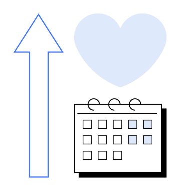 Mavi yukarı ok, açık mavi kalp ve basit takvim ilerlemeyi, aşkı ve planlamayı simgeliyor. Zaman yönetimi, hedef belirleme, motivasyon, verimlilik taahhüdü planlama ve pozitif için ideal