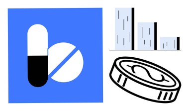 Kapsül, tablet, bar tablosu ve nakliye masrafları ve piyasa eğilimleri. Sağlık, ekonomi, finans, ilaç, bütçe yatırımları, verileri görselleştirme için idealdir. Basit düz