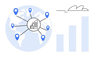 Büyüme grafiğiyle eşleştirilmiş, çeşitli yerlere bağlı merkezi bir iş merkezi olan dünya haritası. Küreselleşme, lojistik, tedarik zinciri, veri akışı, iş büyümesi, pazar genişlemesi için ideal