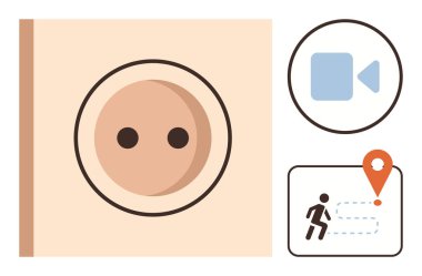 Outlet eklentisi, video kamera simgesi ve konum işaretleyicili navigasyon, görüntü gücü, video iletişimi ve hareket. Enerji, teknoloji, iletişim navigasyon bağlantısı için ideal