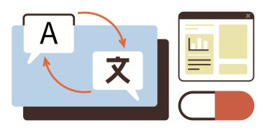 Oklarla birbirine bağlı dil sembolleri olan konuşma baloncukları, verili dijital ekran, tablet kapsül. Çeviri, iletişim, yazılım, teknoloji, sağlık eğitimi için ideal. Basit.