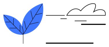 Soyut bulut ve ufuk çizgilerinin yanında doğrusal detayları olan mavi yaprak. Doğa, çevre, sürdürülebilirlik, basitlik, büyüme, çevre dostluğu ve farkındalık için idealdir. Temiz düz metafor