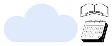 Açık kitap ve takvimle özetlenmiş açık mavi bulut, öğrenme, organizasyon ve verimliliği sembolize ediyor. Bulut hesaplama, dijital öğrenme, zamanlama ve uzak çalışma için ideal