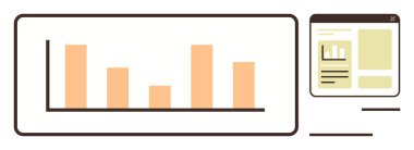 Çevrimiçi bir gösterge tablosunun yanında değişken veri sütunları olan çubuk şeması. Analiz, istatistik, raporlama, performans takibi, iş, pazarlama, araştırma için ideal, basit düz metafor