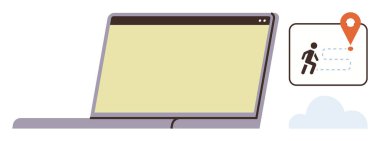 Boş ekran ile dizüstü bilgisayarı aç, kullanıcı rotası resimlemesi konum şifresi ve yürüyen simge ile. Seyrüsefer, yolculuk takibi, teknoloji, seyahat, uzaktan çalışma, planlama için ideal, basit düz metafor