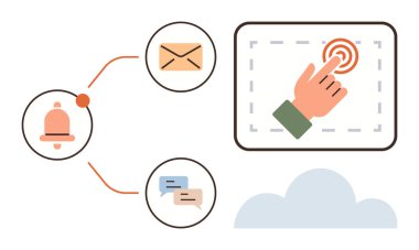 Uyarı, mesaj ve e-posta simgeleriyle çevrili dijital ekrana elle dokunmak. İletişim için ideal, dijital etkileşim, bildirim sistemleri, teknoloji, kullanıcı arayüzü, bağlantı basit düz