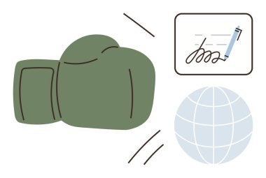 Boks eldiveni, imzalı kağıt ve pazarlığı, çatışma çözümünü, küresel işbirliği, strateji, diplomasi, ortaklık ve iletişimi vurgulayan dünya küresi. Basit düz metafor için ideal