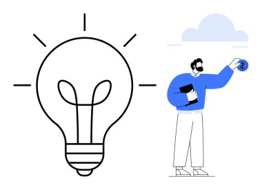 Ampul yaratıcılığı ve yeniliği simgeler. Elinde dolar işareti olan adam finansal çözümleri temsil ediyor. İş, fikirler, yenilik, finans, yaratıcılık, strateji ve girişimcilik için ideal