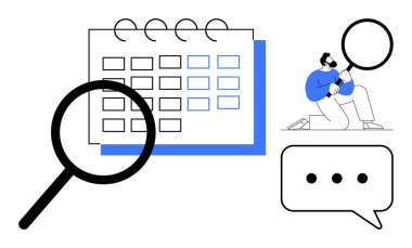 Bir takvimi vurgulayan büyüteç, büyük bir bardakla analiz eden kişi ve iletişim için konuşma balonu. Planlama, zamanlama, analiz, iletişim, araştırma, işbirliği için ideal