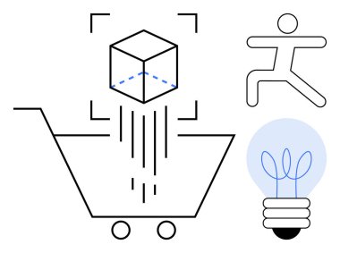 Alışveriş arabası, 3 boyutlu küp, soyut sıçrama figürü, içinde bitki olan ampul. E-ticaret, yenilik, teknoloji, sürdürülebilirlik, yaratıcılık dijital dönüşüm için idealdir.