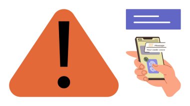 Uyarı üçgeni, ünlem işaretiyle birlikte iki faktörlü kimlik doğrulama kodunu gösteren akıllı telefonu tutuyor. Siber güvenlik, çevrimiçi güvenlik, doğrulama, alarmlar, güvenli giriş için ideal