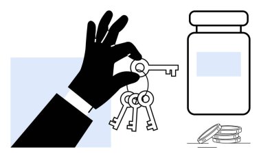 Kavanozun yanında el ele tutuşan anahtarlar ve madeni para yığını erişimi, tasarrufu ve finansal güvenliği simgeliyor. Finans, kişisel planlama, yatırım, tasarruf, başarı ve fırsat için ideal düz metafor