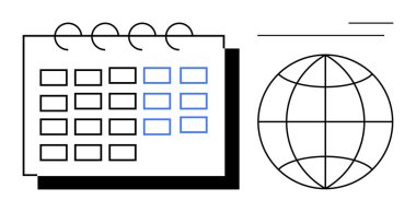 Özetlenmiş tarihli takvim, dünya şebeke iskeleti ve dinamik çizgilerin yanında. Zamanlama, küreselleşme, dünya çapında planlama, üretkenlik, küresel strateji, zaman yönetimi, basit daire
