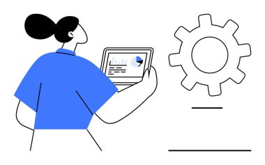 Bir kadın, işlem ve analizi temsil eden bir dişlinin yanında bir pasta grafiğiyle tabletteki verileri kontrol ediyor. Takım çalışması, planlama, veri yönetimi, teknoloji, iş akışı, strateji, basit daire