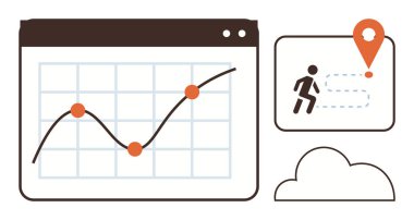 Veri noktalarıyla çizilen çizgi grafiği ve bir konum pimine doğru hareket eden şekil, izleme ve büyümeyi sembolize ediyor. Analiz, istatistik, iş hedefleri, navigasyon, ilerleme, planlama stratejisi için ideal. Basit.