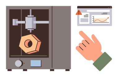 Bir veri grafik ekranındaki uyarı uyarısına işaret eden bir elin yanında üç boyutlu yazıcı geometrik nesne üretiyor. Teknoloji, yenilik, 3D baskı, mühendislik, teknik sorunlar, otomasyon için ideal