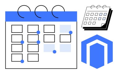 İşaretli tarihli büyük takvim, küçük takvim simgesi ve geometrik iş motifi. Planlama, organizasyon, etkinlik zamanlaması, yönetim, zaman yönetimi için ideal, süreler basit düz metafor