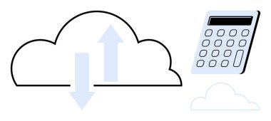 Yukarı ve aşağı okları olan bulut veri transferini sembolize ediyor, hesap makinesinin yanında. Teknoloji, iş verimliliği, veri yönetimi, bulut depolama, yenilik, finans ve analitik için ideal. Basit.