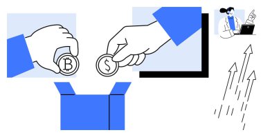 Dolar ve Bitcoin paraları bir kutunun içine düşüyor, finansal veri analisti bir dizüstü bilgisayarda çalışıyor, yukarı bakan oklar. Yatırım, fintech, kripto para birimi, kazançlar, girişimler, ekonomik büyüme için ideal