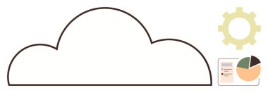 Pasta grafiği, dişli ve döküman resimli bulut çizgisi. Veri depolama, analiz, entegrasyon, yazılım, yenilik bulut hizmetleri için ideal teknik çözümler. Net ve basit düz metafor