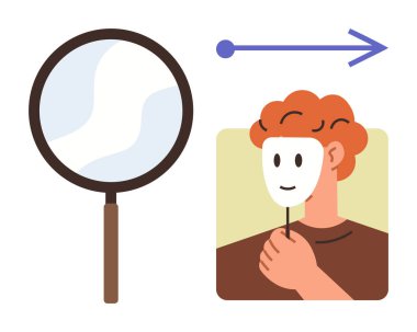 Büyüteç, elinde gülümseyen bir maskeyle iç gözlem, farkındalık ve kimliğin altını çiziyor. Psikoloji için ideal, kişisel büyüme, gerçek, gizleme, analiz