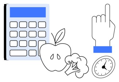 Hesap makinesi, elma, brokoli, saat ve el işaretçisi sağlık, zaman yönetimi ve beslenme dengesini gösteriyor. Sağlık, beslenme üretkenlik, eğitim, farkındalık ve düz metafor için idealdir.