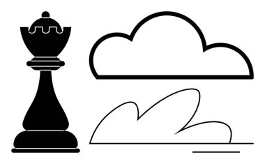 Soyut bulut ve dalga yanında satranç kraliçesi. Strateji, güç, liderlik, yaratıcılık, esneklik, planlama ve karar verme için ideal. Basit düz metafor