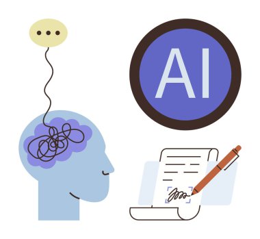 Konuşma balonuna, yapay zeka etiketine ve otomatikleştirilmiş belge imzasına bağlanan karmaşık düşünceleri olan bir kafa profili. Yaratıcılık, teknoloji, otomasyon, yenilik, yapay zeka, iletişim için ideal