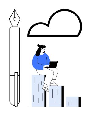 Bar tablolarında, kaleminde, bulut şeklinde dizüstü bilgisayar kullanan bir kadın. Yenilik için ideal, uzak çalışma, büyüme, analitik, bulut depolama yaratıcılığı basitliği. Basit bir daireye sahip modern soyut tasarım