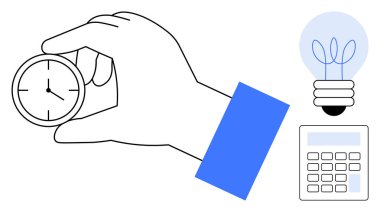 El ele tutuşan saat zaman yönetimini iletir, ampul fikirleri simgeler, hesap makinesi ise hesaplamayı ya da planlamayı. Zaman yönetimi, üretkenlik araçları, yenilik, iş verimliliği için ideal